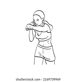 half length of young woman athletic female MMA fighter training illustration vector hand drawn isolated on white background line art.