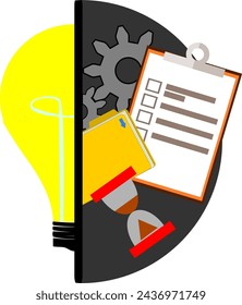Media bombilla y una colección de iconos como engranajes, archivos, reloj de arena y papel de plan de trabajo. vector plano.