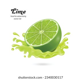 half Lime front view fall into impact with Lime juice causing a wide splash of water ,vector 3d isolated on white background for make fruit juice advertisements concept, food and drink concept