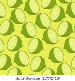 Half lime seamless pattern, juicy citrus fruit on yellow background vector illustration