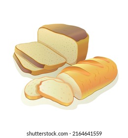 Half a loaf and 2 sliced pieces of bread, as well as half a loaf of white bread and 2 slices of sliced bread or rolls on an isolated white background in a vector. Bakery products. Vector illustration.