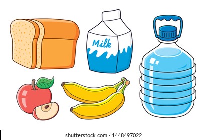 Half a loaf of bread, milk carton box, apple fruit with slice, two bananas and big water bottle isolated, grocery food cartoon icons.