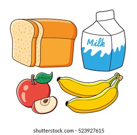 Half a loaf of bread, milk carton, red apple fruit with slice, two bananas. Healthy breakfast food set isolated.