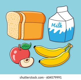 Half a loaf of bread, milk carton, red apple fruit with slice, two bananas. Healthy breakfast food set.