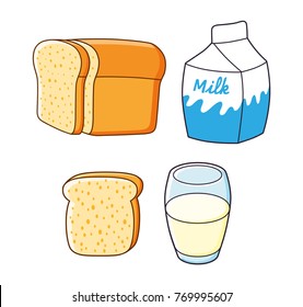 Half a loaf of bread with slice, milk carton box and glass isolated.