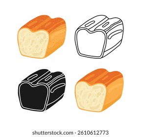 Half loaf of bread for toasts, baking bread icon set. Hand drawn wheat bun baked different styles doodle outline silhouette cartoon set. For bakery grocery branding menu pastries textured vector art