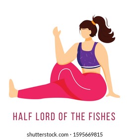 Half lord of fishes flat vector illustration. Ardha Matsyendrasana. Caucausian woman performing yoga posture in pink and purple sportswear. Workout. Isolated cartoon character on white background