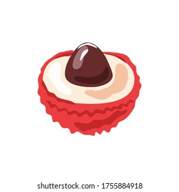 Half lychee with a stone on a white isolated background. Vector.
