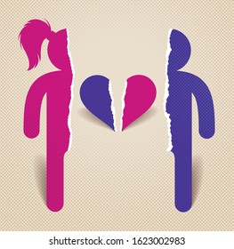 Half of man and half of woman icon lonely and missing his mate lover, divorce breakup and loneliness vector concept symbol, stylish illustration of broken relations.