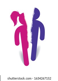 Half of man and half of woman icon lonely and missing his mate lover, divorce breakup and loneliness vector concept symbol, stylish illustration of broken relations.