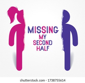 Half of man and half of woman icon lonely and missing his mate lover, divorce breakup and loneliness vector concept symbol, stylish illustration of broken relations.