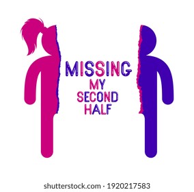 Half of man and half of woman icon lonely and missing his mate lover, divorce breakup and loneliness vector concept symbol, stylish illustration of broken relations.