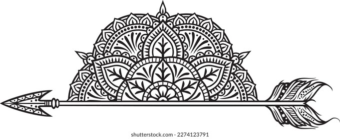 Half mandala and arrow symbol. Vector illustration.