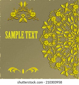 Half of the mandala on a grungy background. Rich oriental floral gold ornament. Can be used as greeting card or invitation. Vector illustration.