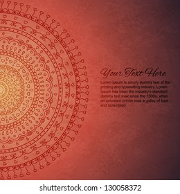 Half of mandala ornament on orange background. Vector image.
