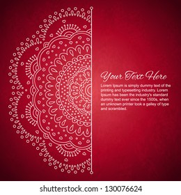 Half of mandala ornament with space for your text on dark red background.