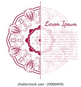 Half of mandala with place for text. Doodle presentation template. Abstract zentangle background. Perfect for invitations, card, greetings, t-shirt, wedding, party. Woman face. Vector illustration.