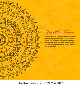 Half of mandala with text on yellow background.
