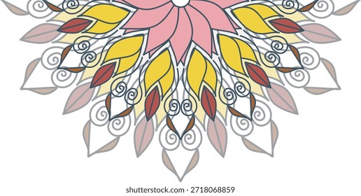 Half of the mandala with yellow and red petals on a transparent background, for oriental designs