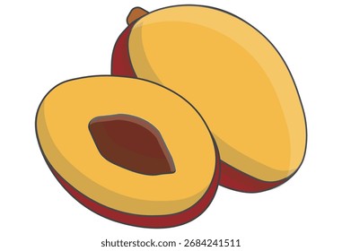 Medio mango de frutas tropicales Ilustración vectorial, diseño de frutas amarillas exóticas para el postre de verano, alimentación saludable, batidos, agricultura orgánica y proyectos culinarios dulces, adecuados para menús, alimentos p