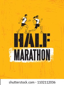 Half Marathon Active Sport Event Advertisement Banner Concept. Creative Sport Design Element On Rough Background With Grunge Texture.