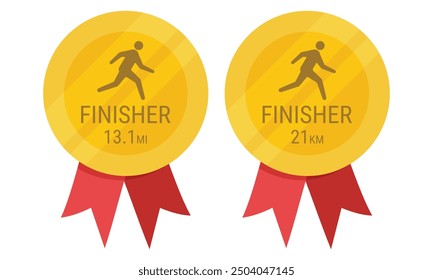 Half marathon finisher gold medal. Set of gold medals with label 21km and 13.1mi distance