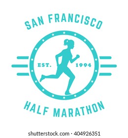 Half Marathon vintage logo, badge, t-shirt design with running girl isolated on white, vector illustration