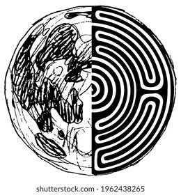 Half maze or labyrinth half full moon. Creative symbolic concept. Round spiral mandala. Black and white silhouette.