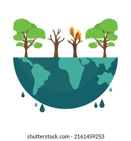half melted planet with trees and burning trees