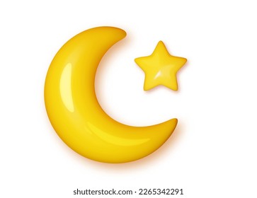 Half month with a star glossy pastel yellow. Realistic 3d symbol design. Vector illustration