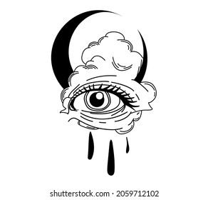Half moon and cloud mystial symbol and third eye. Lunar celestial tattoo design. Occult graphic vector illustration.