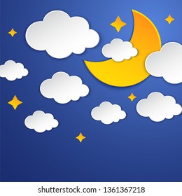Half moon, clouds and falling stars on the dark blue sky backdrop. Paper cut layered art. Night scene background. Overcast sky. Cloudy nightly weather. Origami mobile concept. Vector illustration