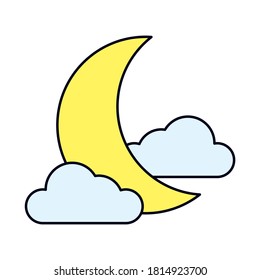 half moon and clouds icon over white background, line and fill style, vector illustration
