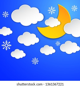 Half moon, clouds and snowflakes on the night blue sky background. Falling snow, winter season. Paper cut layered art. Overcast sky scene. Cloudy nightly weather. Origami mobile. Vector illustration