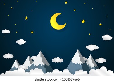 Half moon, clouds and stars in the dark night as paper art and craft style concept. vector illustrator.