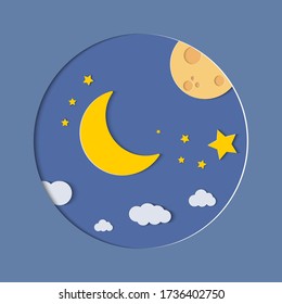 Half moon, clouds and stars in the night as paper art and craft style concept.  Vector illustration