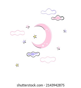 Half moon crescent in the starry cloudy night sky doodle vector illustration isolated on white. Childish sweet dreams felt pen hand drawn print for nursery or bed linen.