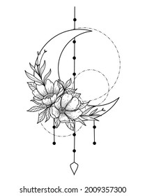 half moon dream catcher and flower doodle line art 