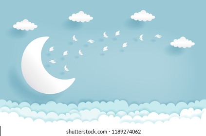 Half moon and flying bird in the sky in paper cut style vector illustration 