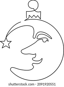 Media luna con rostro humano. Decoración navideña para el árbol. Dibujo continuo de líneas. Ilustración vectorial.