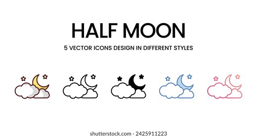 Half Moon Icon Design in Five style with Editable Stroke. Line, Solid, Flat Line, Duo Tone Color, and Color Gradient Line. Suitable for Web Page, Mobile App, UI, UX and GUI design.