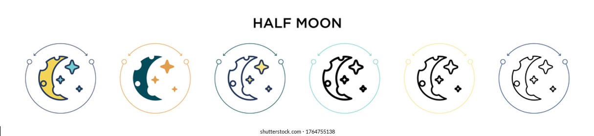 Half moon icon in filled, thin line, outline and stroke style. Vector illustration of two colored and black half moon vector icons designs can be used for mobile, ui, web