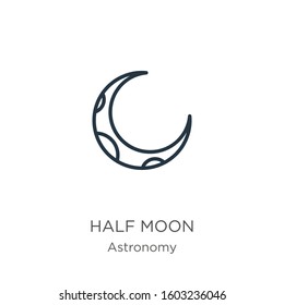 Half moon icon. Thin linear half moon outline icon isolated on white background from astronomy collection. Line vector sign, symbol for web and mobile