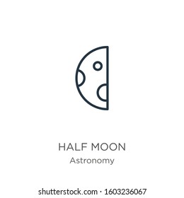 Half moon icon. Thin linear half moon outline icon isolated on white background from astronomy collection. Line vector sign, symbol for web and mobile