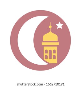 half moon with islamic mosque and star over white background, block style, vector illustration