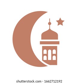 half moon with islamic mosque and star over white background, silhouette style, vector illustration