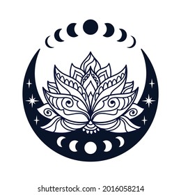 Half moon and lotus flower mystial symbol with moon phases. Lunar celestial tattoo design. Occult graphic vector illustration. 