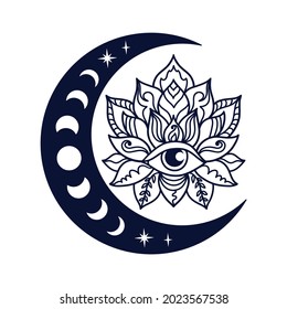 Half moon and lotus flower mystial symbol with moon phases and third eye. Lunar celestial tattoo design. Occult graphic vector illustration. 