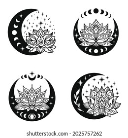 Half moon and lotus flower mystial symbol with moon phases. Lunar celestial tattoo design bundle. Occult graphic vector illustration. 