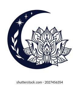 Half moon and lotus flower mystial symbol. Lunar celestial tattoo design. Occult graphic vector illustration isolated on white background.